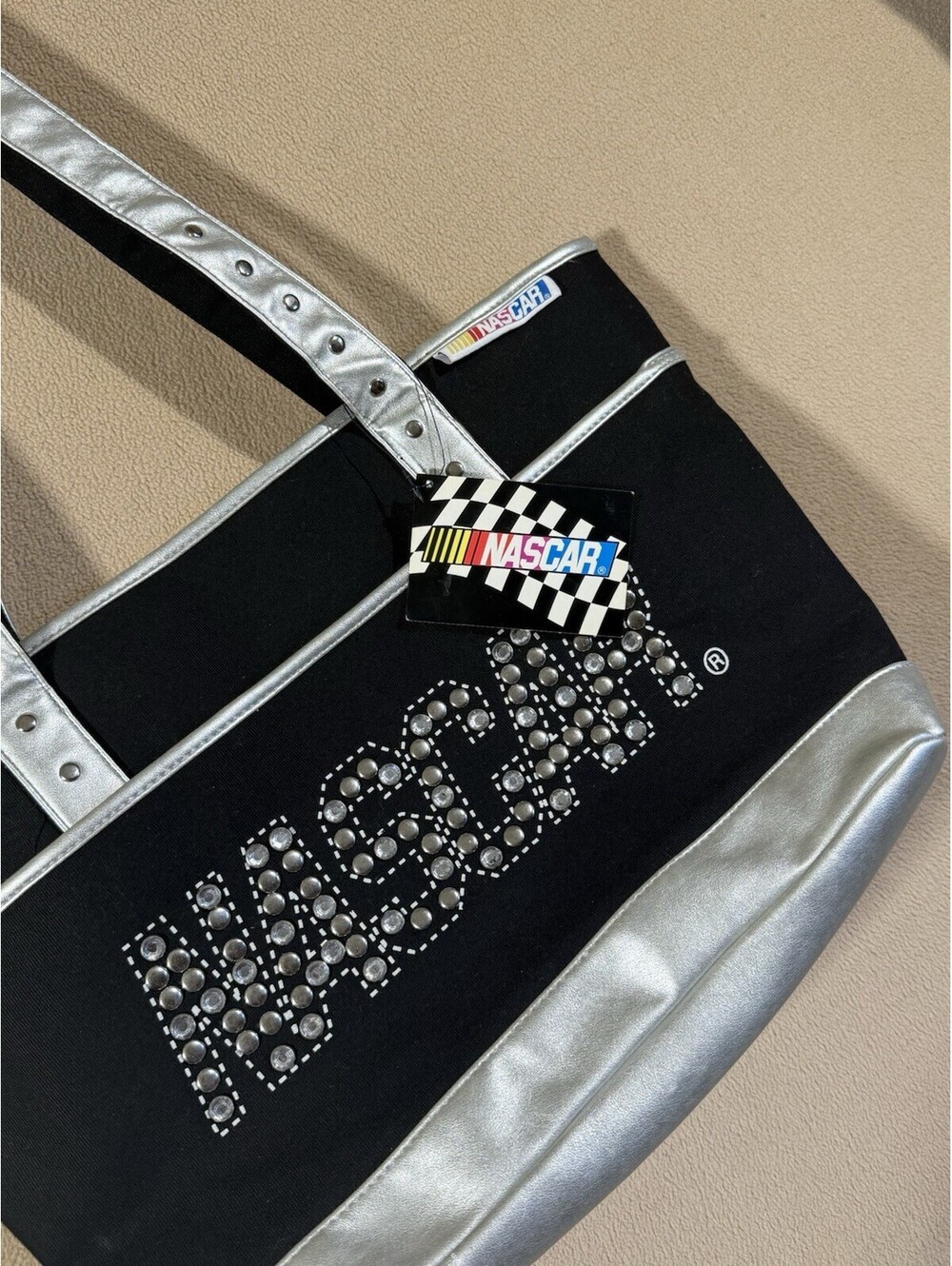 NASCAR Black & Silver Tote Bag Purse Rhinestone Logo Zip Top w/ NASCAR Tag
